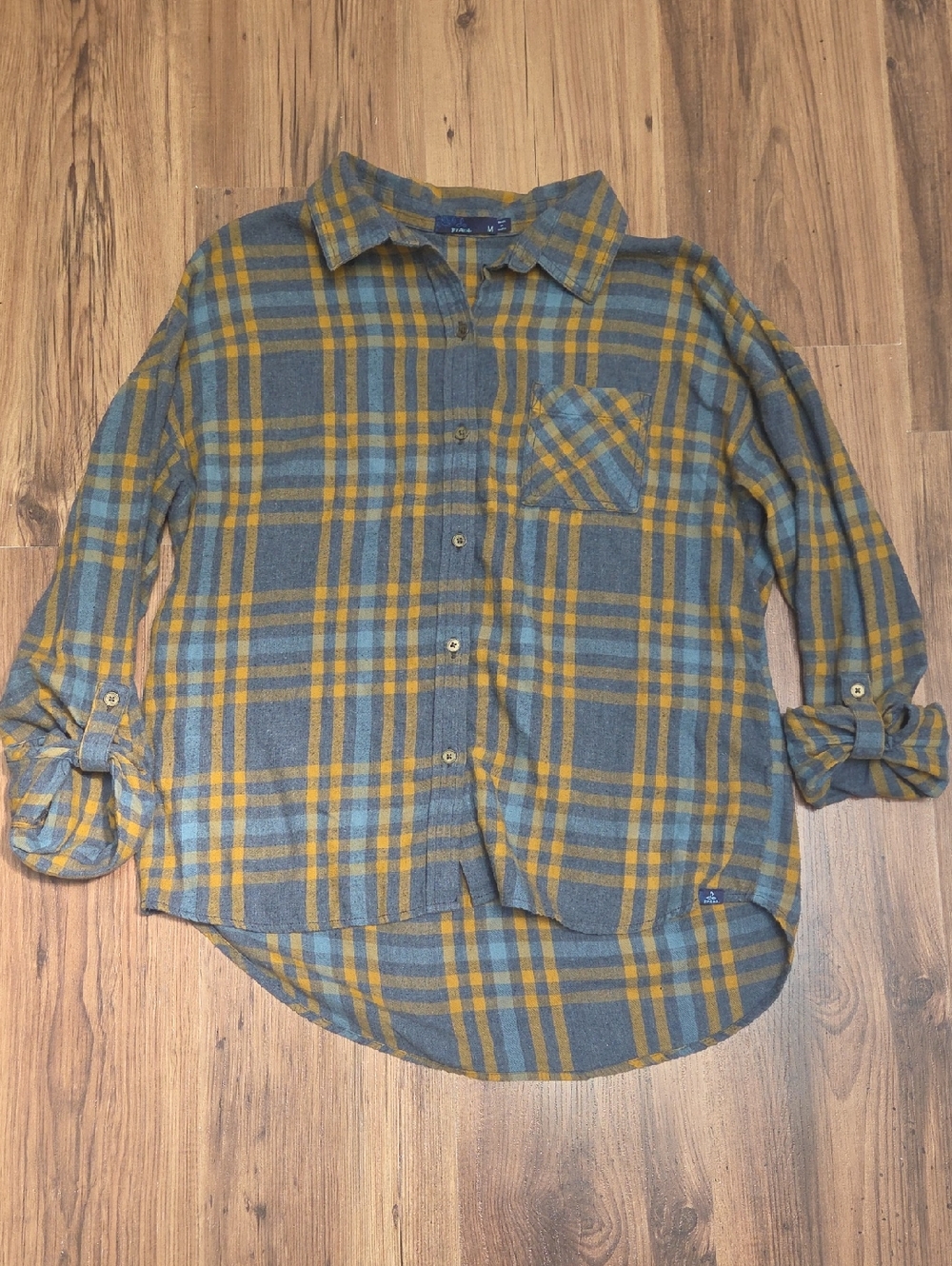 Prana Gray and Mustard Plaid Shirt